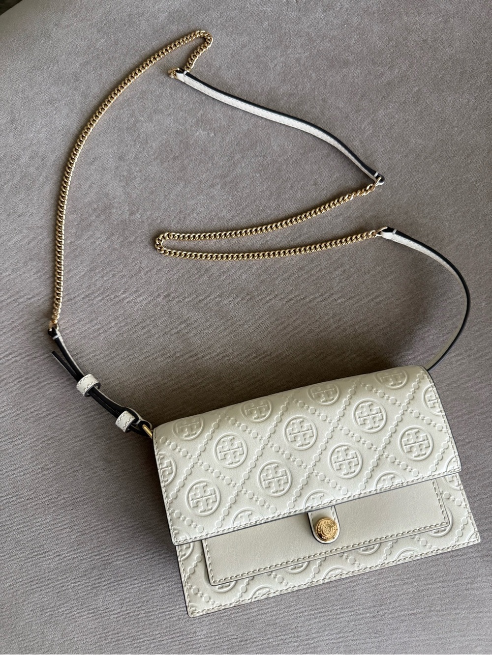Tory Burch Cream Quilted Logo Leather Chain Crossbody
